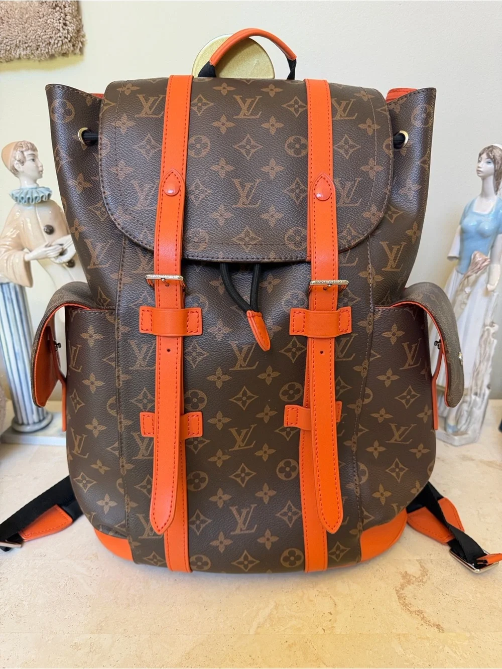 LUX inspired Brown Monogram Backpack with Orange Trim